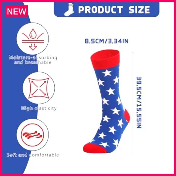2-Pair Patriotic Socks, Cotton Blend, Unisex Fit, Holiday Gift - Picture 5 of 8